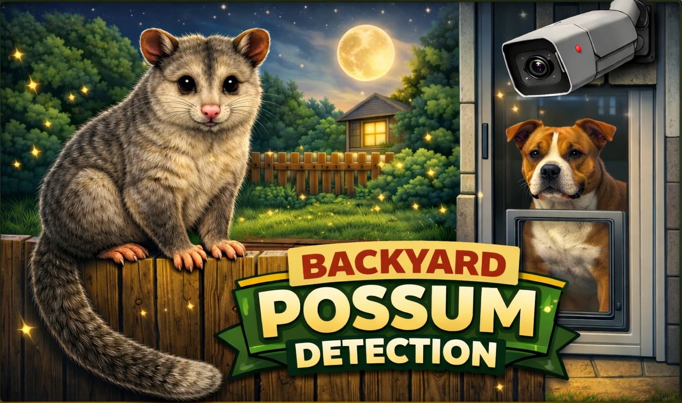 A brushtail possum and a light brown staffy dog captured by a home security camera